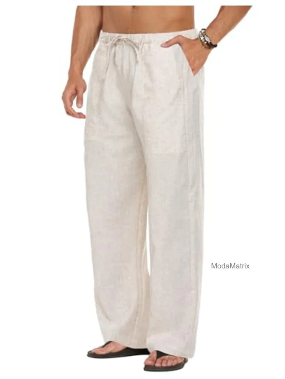 Men Linen Casual Pants Elastic Waist Drawstring Straight Leg Summer Beach